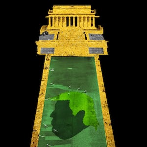 Reflecting Pool covered in algae looking like Donald Trump's head and the lincoln memorial gold