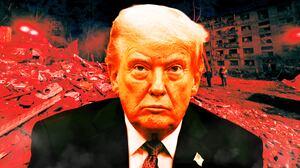 A photo illustration of Donald Trump and rubble following a Russian missile attack in Kyiv, Ukraine.