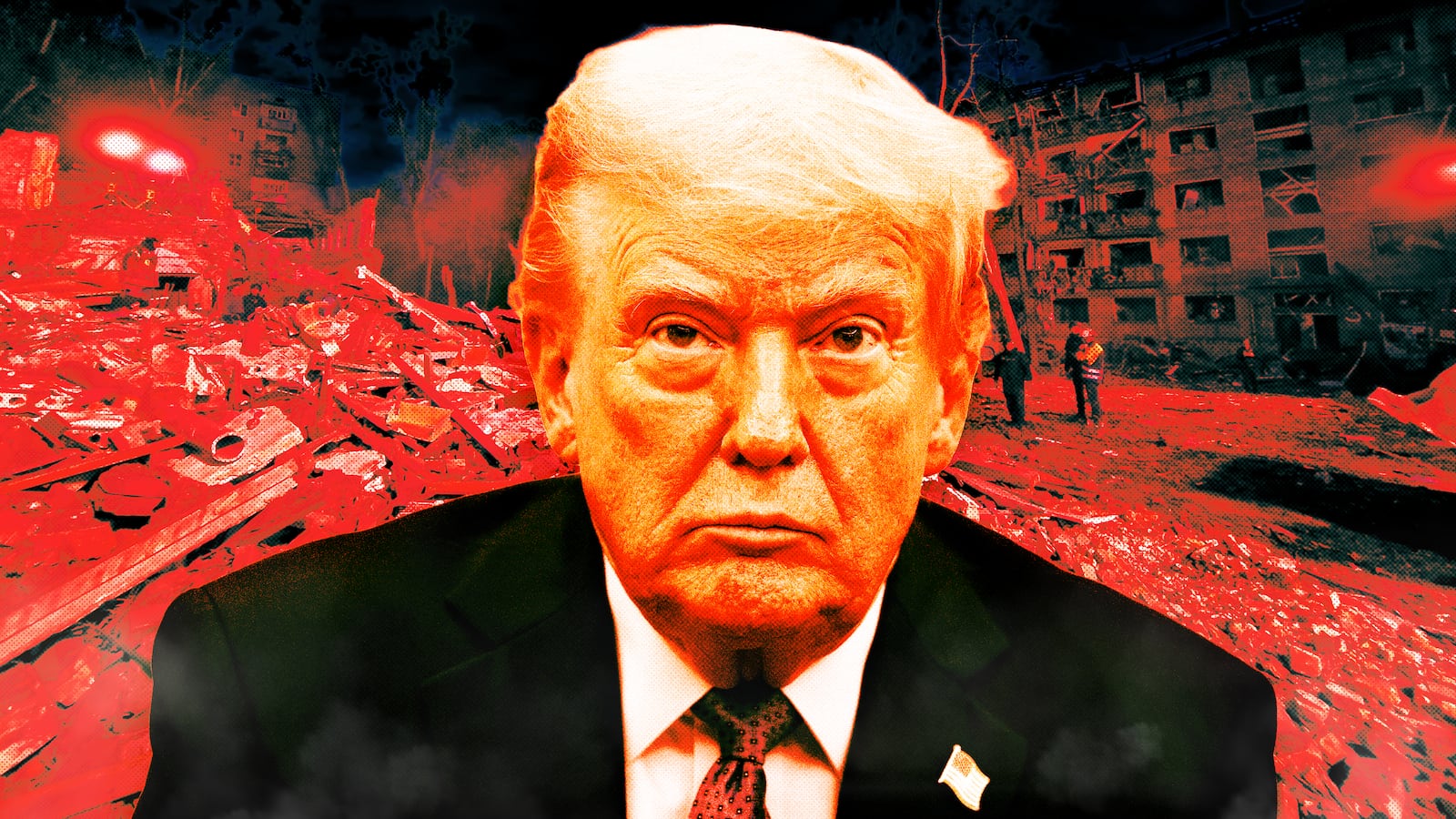 A photo illustration of Donald Trump and rubble following a Russian missile attack in Kyiv, Ukraine.