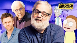 A photo illustration of Dan Harmon, Chevy Chase, Joel McHale, and Rick and Morty for the Obsessed podcast.