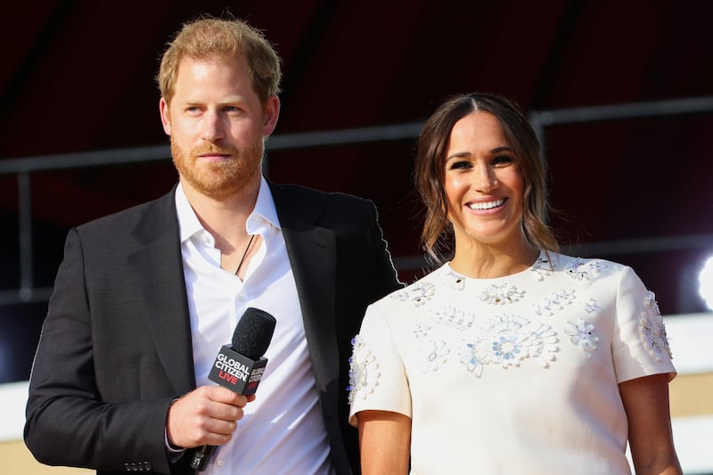 Britain's Prince Harry and Meghan Markle appear onstage at the 2021 Global Citizen Live concert in New York, September 25, 2021.
