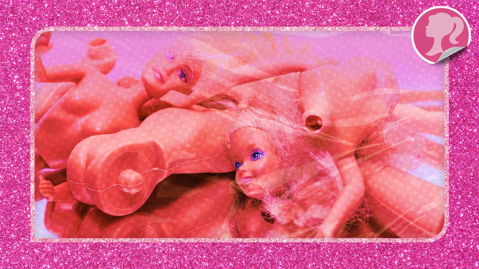 A photo illustration of broken Barbie doll parts.