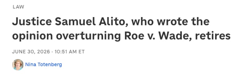 Justice Samuel Alito, who wrote the opinion overturning Roe v. Wade, retires
June 30 2026 10.51 AM ET
Nina Totenberg