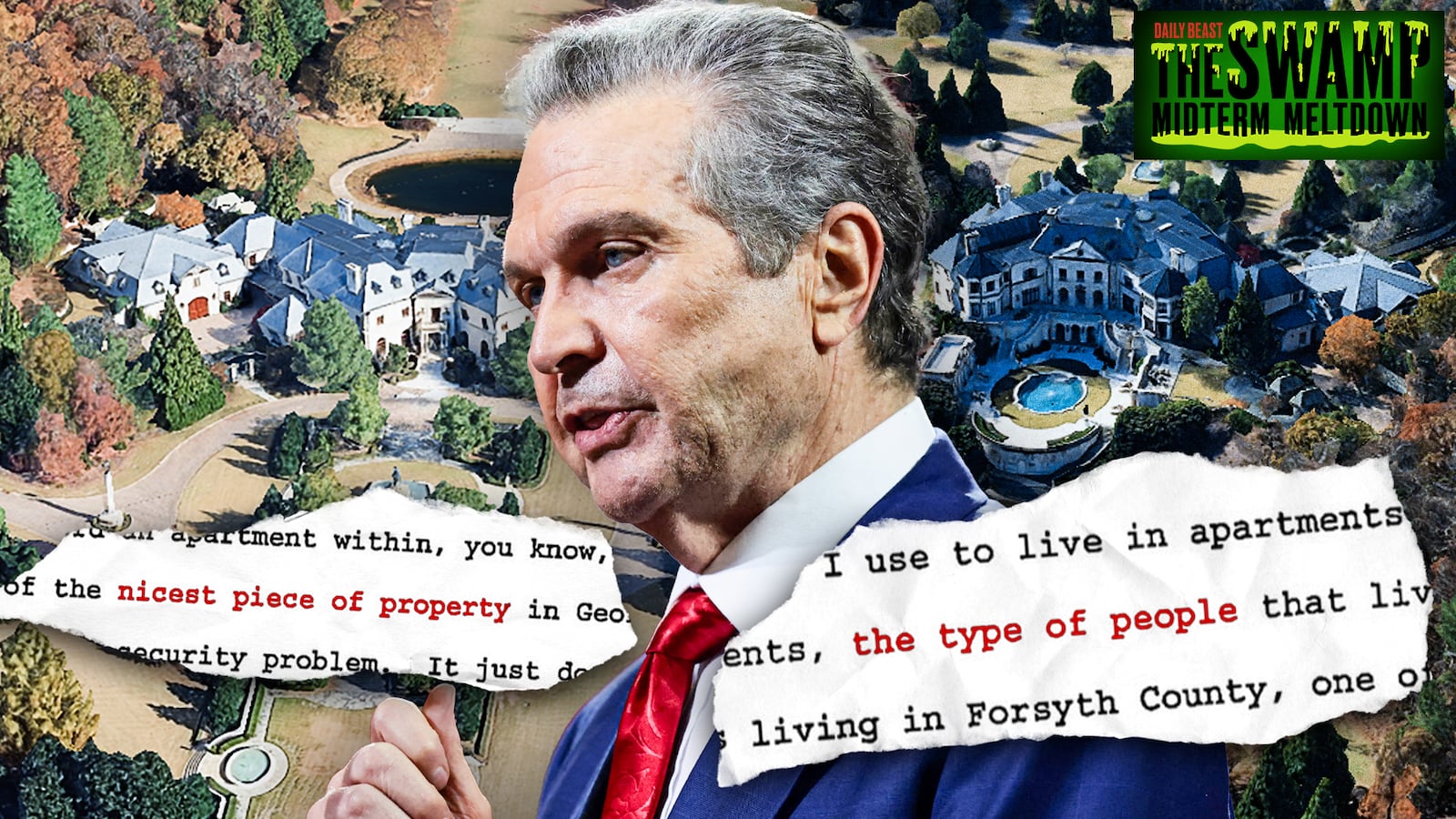 A photo illustration of Rick Jackson, his Georgia estate, and court documents for The Swamp Midterm Meltdown.