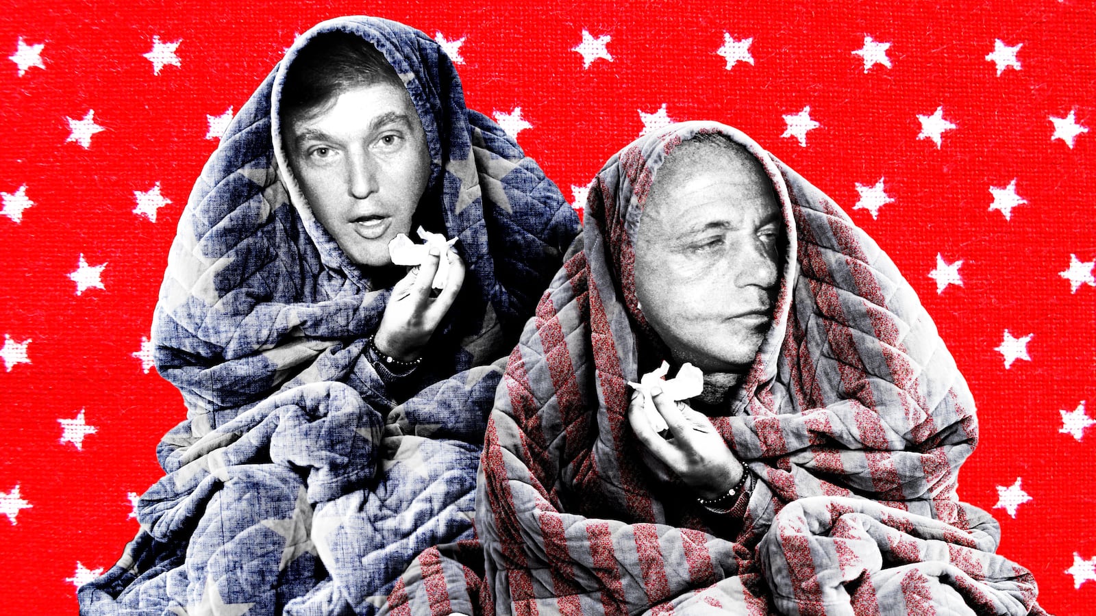 Donald Trump and Roy Cohn with star and stripe blankets over their heads like they're sick holding tissues on a red and white star background
