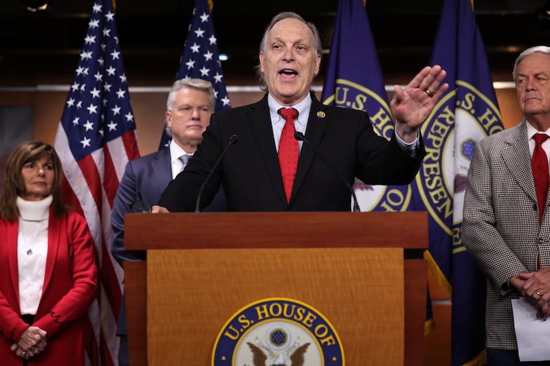 WASHINGTON, DC - JANUARY 23: Rep. Andy Biggs (R-AZ) (C) speaks during a news conference with fellow members of the Congressional Border Security Caucus to introduce the Birthright Citizenship Act at the U.S. Capitol Visitors Center on January 23, 2025 in Washington, DC. The legislation would codify President Donald Trump's goal to amend the Immigration and Nationality Act to revoke citizenship for children born in the United States to undocumented parents. (Photo by Chip Somodevilla/Getty Images)