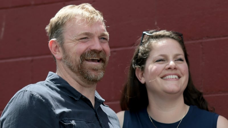 PORTLAND, MAINE - MAY 17: U.S. Senate candidate from Maine Graham Platner and his wife Amy Gertner share a moment after an event at the Veterans of Foreign Wars Post 6859 on May 17, 2026, in Portland, Maine. During the event, he received an endorsement from the Veterans for Responsible Leadership and hosted a town hall to answer questions and discuss ending the war in Iran. (Photo by Joe Raedle/Getty Images)