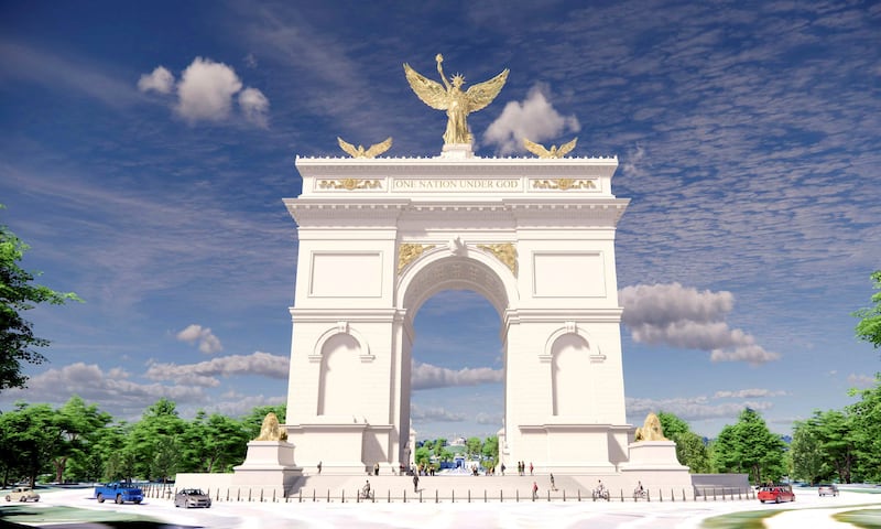 An artist's rendering of U.S. President Donald Trump's proposed 'Independence Arch' is seen in this handout obtained on April 10, 2026.