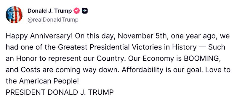 Donald Trump's Election anniversary post.