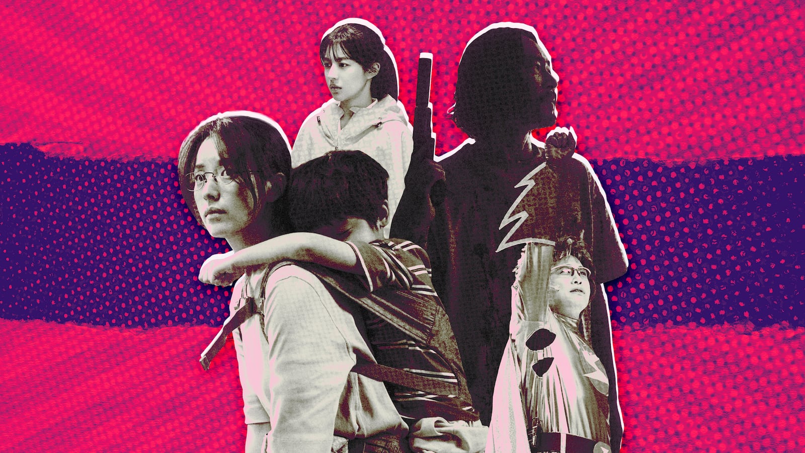 A photo illustration of the cast of Moving on Hulu on a purple red background.