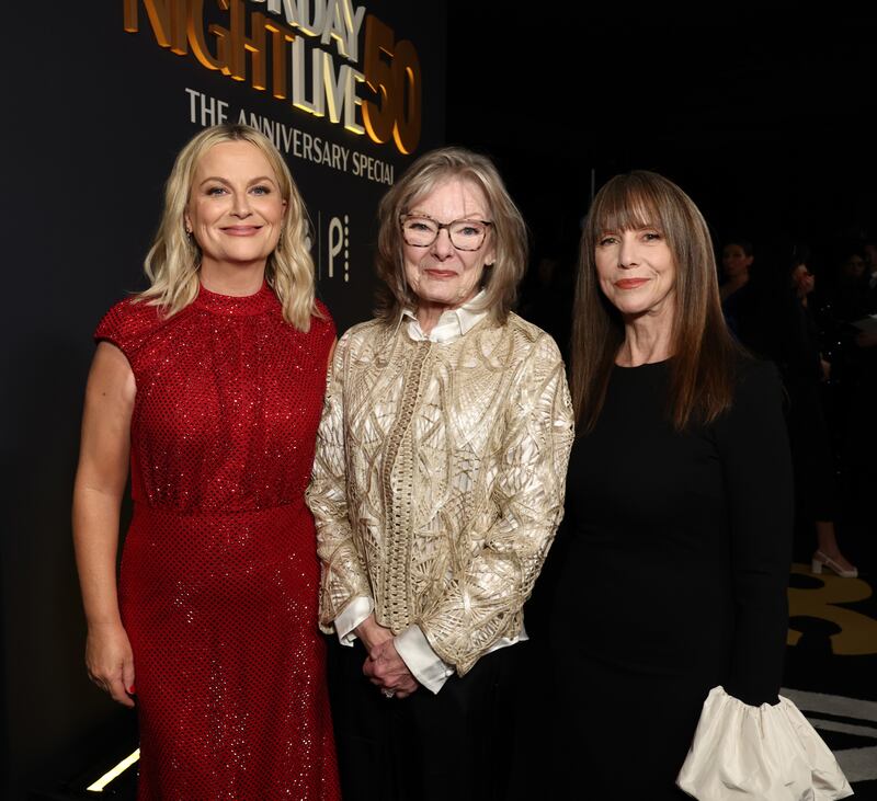 Amy Poehler, Jane Curtin, Laraine Newman pose together at “SNL50” on Sunday, February 16, 2025.