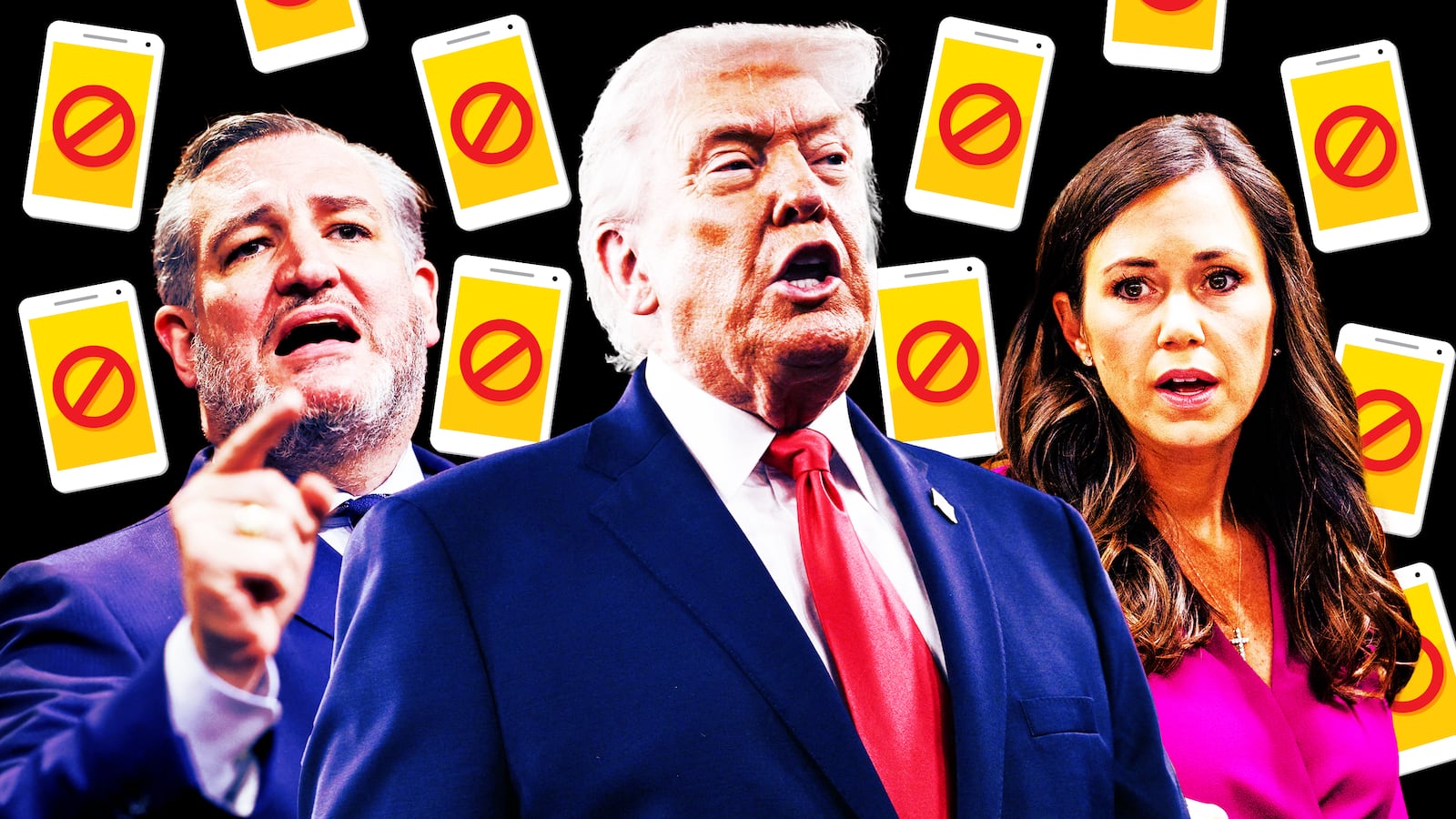 A photo illustration of Ted Cruz, Donald Trump, and Kate Britt.