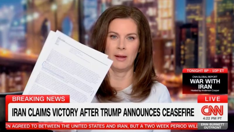 Erin Burnett holds up the lengthy document from Iran over the ceasefire.
