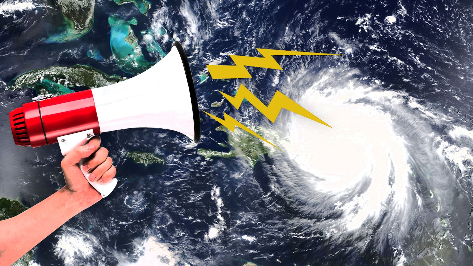 hand holding speaker phone over hurricane meteorology weather map simulated model future journal of climate