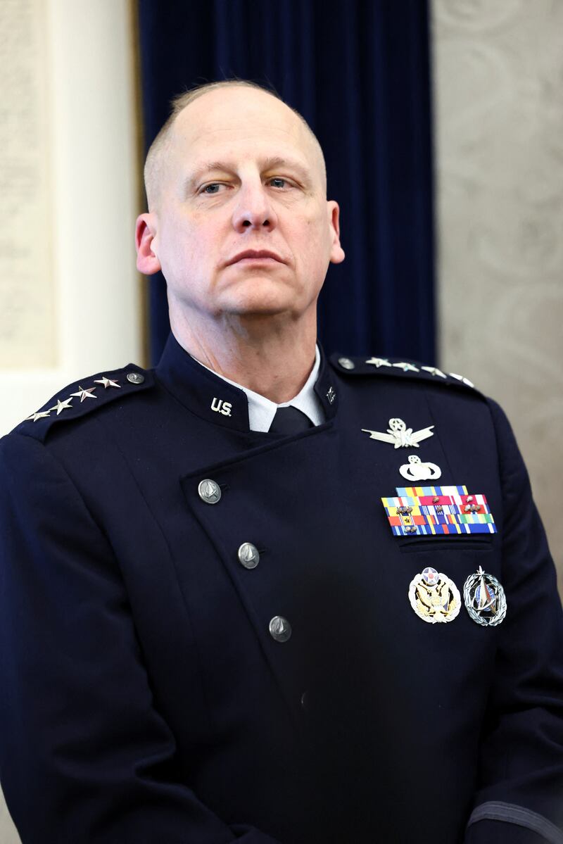 U.S. Space Force Vice Chief of Space Operations General Michael Guetlein looks on as U.S. President Donald Trump (not pictured) makes an announcement regarding the Golden Dome missile defense shield in the Oval Office of the White House in Washington, D.C., U.S., May 20, 2025. REUTERS/Kevin Lamarque