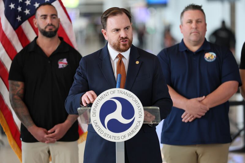 NEW YORK, NEW YORK - OCTOBER 28: Nick Daniels, President of the National Air Traffic Controllers Association, speaks during a press conference at LaGuardia Airport on October 28, 2025 in New York City. Transportation Secretary Sean Duffy spoke about how the government shutdown, now on its 28th day, is affecting travel at airports throughout the country. Duffy has stated that delays stemming from staffing issues has jumped from its usual mark of 5 % to 53% amid the shutdown.  (Photo by Michael M. Santiago/Getty Images)