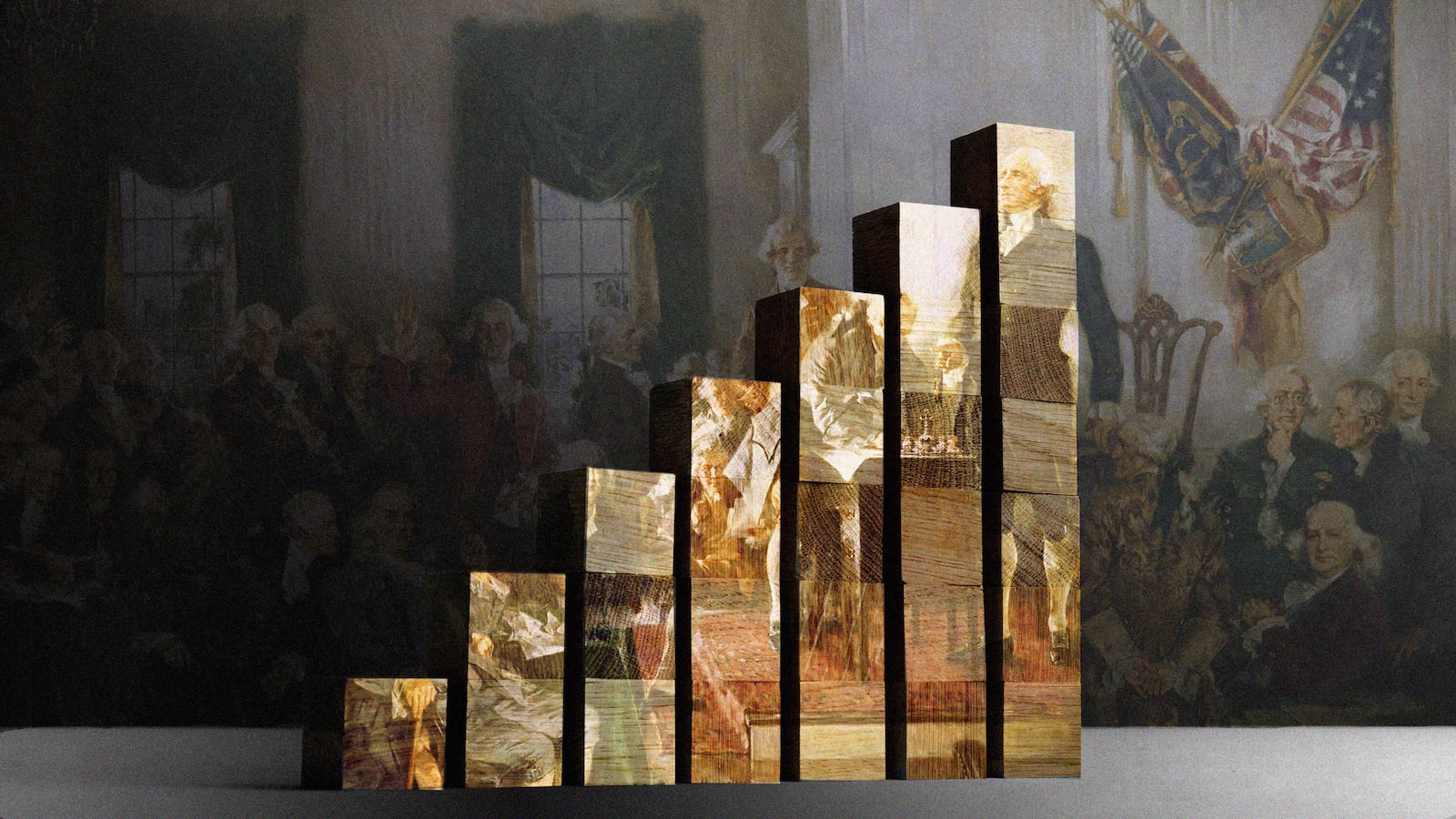 A photo illustration showing the founders of the US signing the constitution on building blocks.