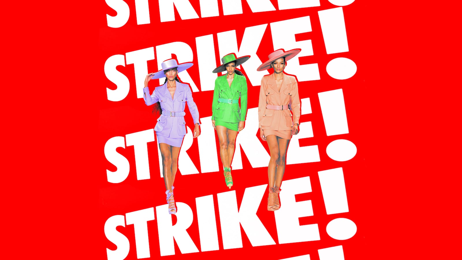 A photo illustration of runway models in front of Strike signage.
