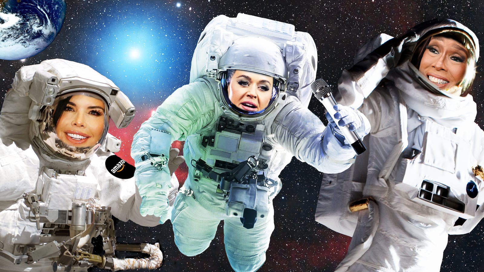 Lauren Sanchez, Katy Perry, Gayle King in space illustration