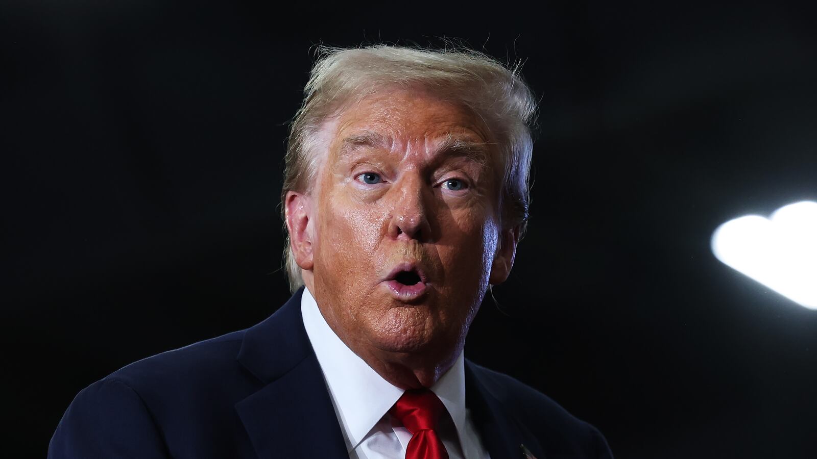 Donald Trump looks out into the crowd after speaking during a campaign rally at Riverfront Sports on October 09, 2024 in Scranton, Pennsylvania.