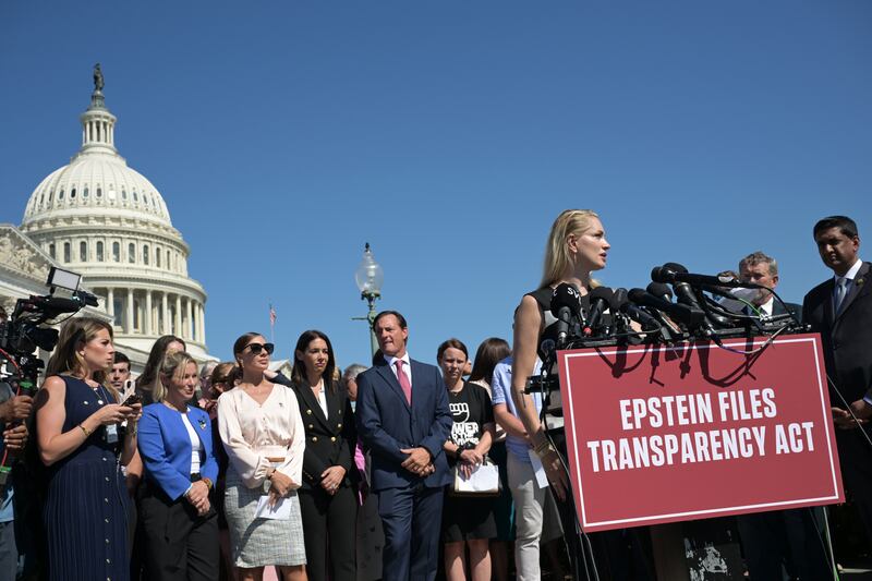 Anouska De Georgiou speaks as she gathers with other Jeffrey Epstein survivors