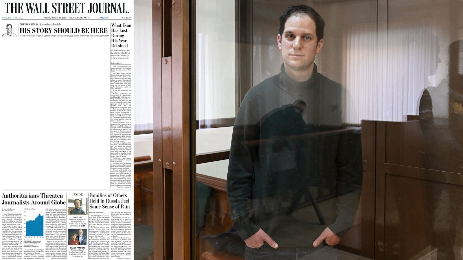 The front page of The Wall Street Journal on Friday, March 29, 2024, and Evan Gershkovich.