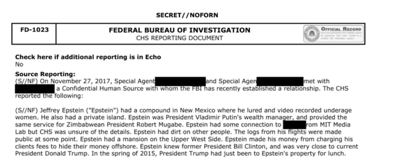 FBI informant alleges Donald Trump visited Jeffrey Epstein in spring 2015, and remained close after becoming president.