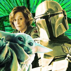 A photo illo illustration of Sigourney Weaver, Grogu, and Pedro Pascal in Star Wars: The Mandalorian and Grogu.
