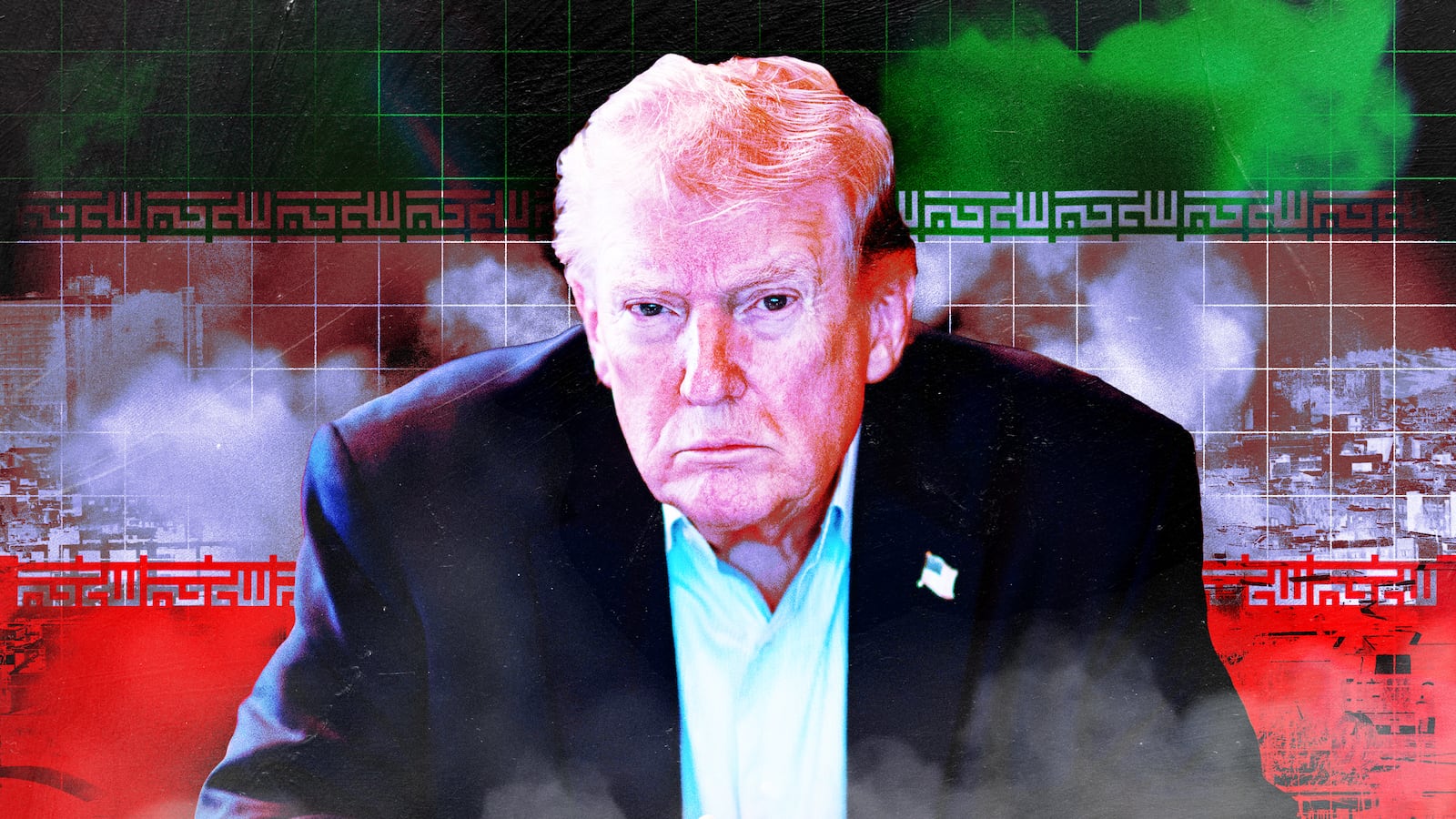A photo illustration of Donald Trump in front of smoke clouds and Iranian flag.
