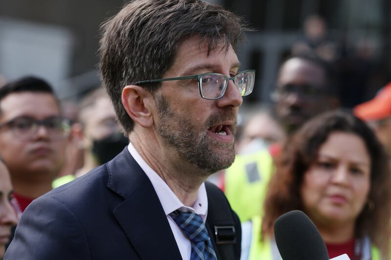 Simon Sandoval-Moshenberg the attorney for Kilmar Abrego Garcia speaks to members of the media outside a U.S. Immigration and Customs Enforcement (ICE) field office on August 25, 2025 in Baltimore, Maryland.