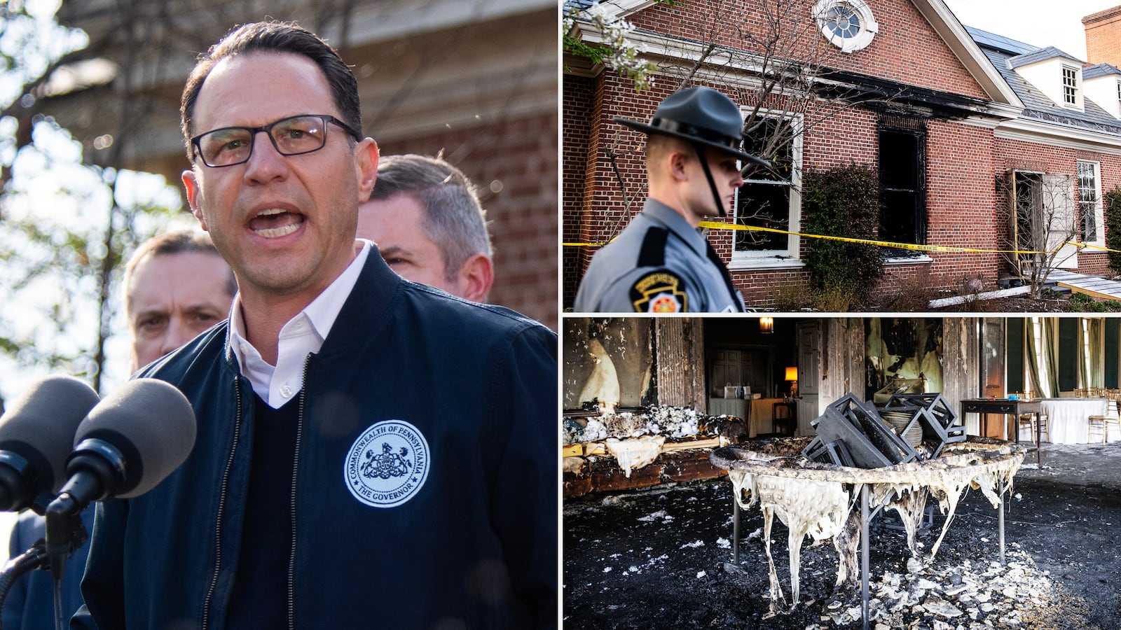 Josh Shapiro image split with two images of the arson damage to the PA Governor's mansion