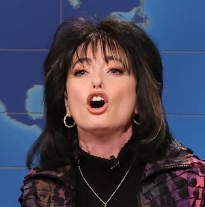 SATURDAY NIGHT LIVE -- Episode 1886 -- Pictured: (l-r) Anchor Michael Che and Sarah Sherman as Rhonda LaCenzo during Weekend Update on Saturday, October 11, 2025 -- (Photo by: Will Heath/NBC via Getty Images)