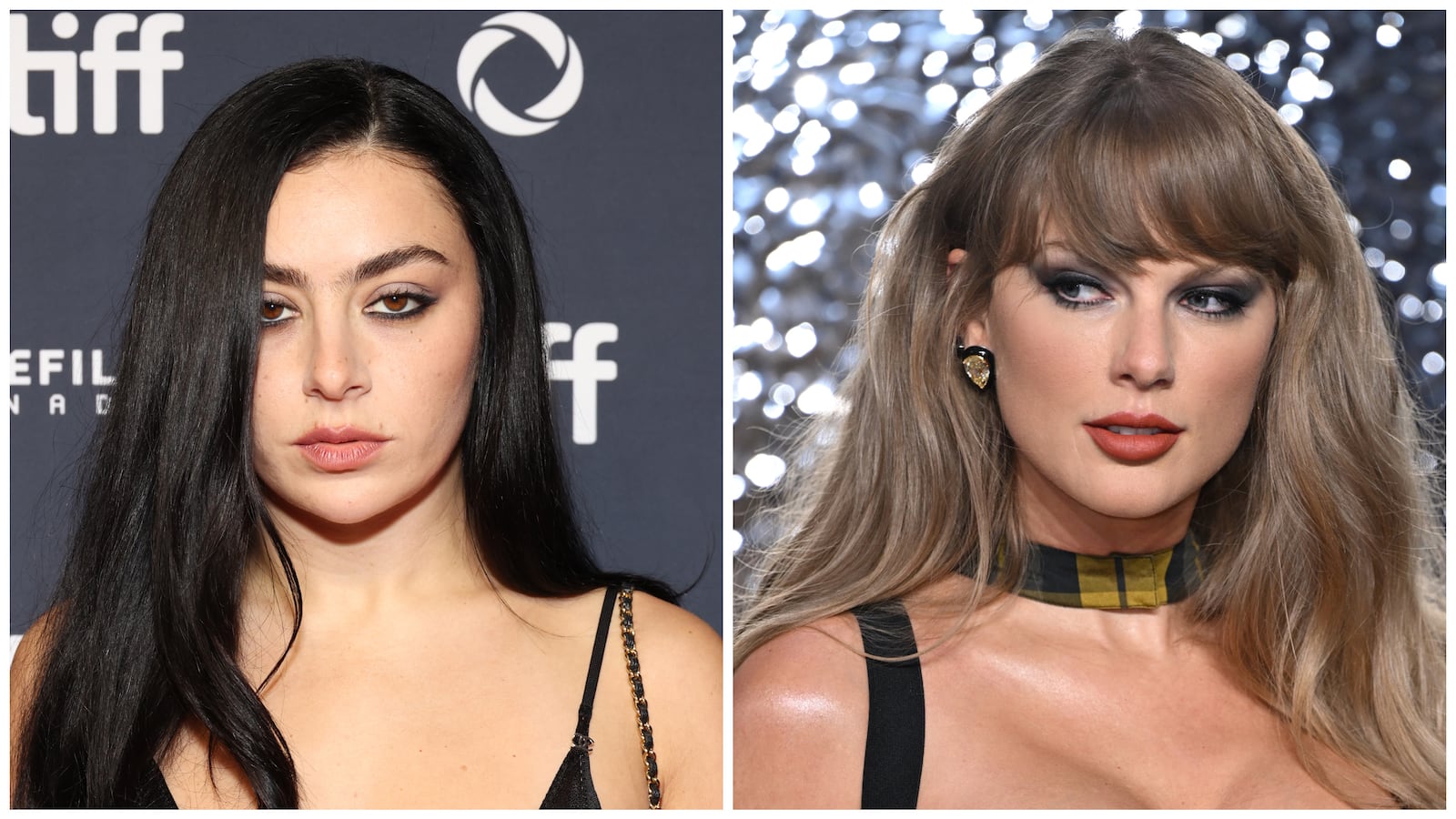 Left: singer-songwriter Charli XCX.
Right: pop singer Taylor Swift