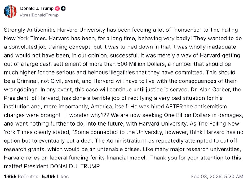 Trump's Truth Social about the Harvard deal.
