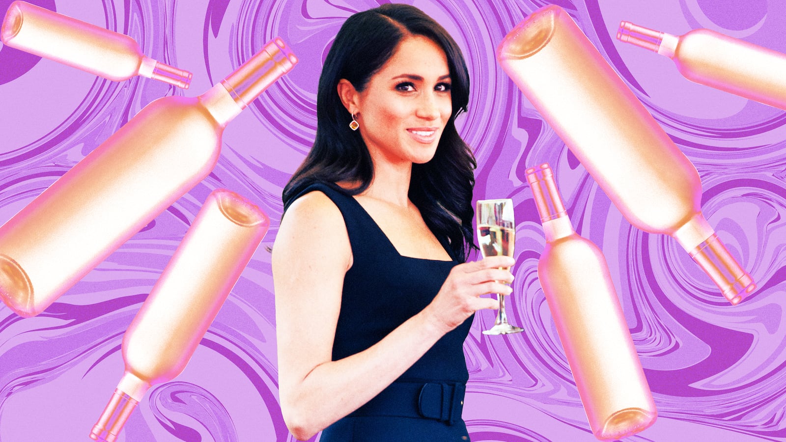 A photo illustration of Meghan Markle drinking a glass of wine with wine bottles floating around her.