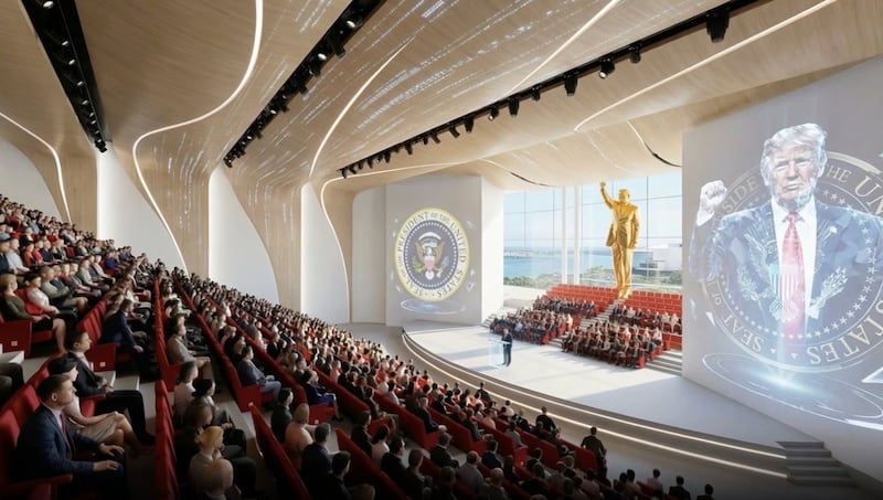 A concept rendering of Donald Trump’s proposed presidential library shows a giant gold statue of the former president dominating a theater-style auditorium.