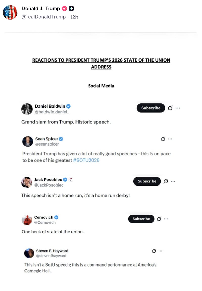 Donald Trump re-posts praise for his SOTU speech on Truth Social.