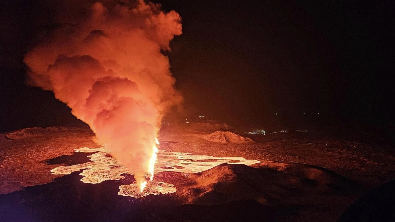 An aerial view shows lava after volcano eruption northeast of Sylingarfell, near Grindavik, Reykjanes Peninsula, Iceland early Thursday, February 8, 2024.