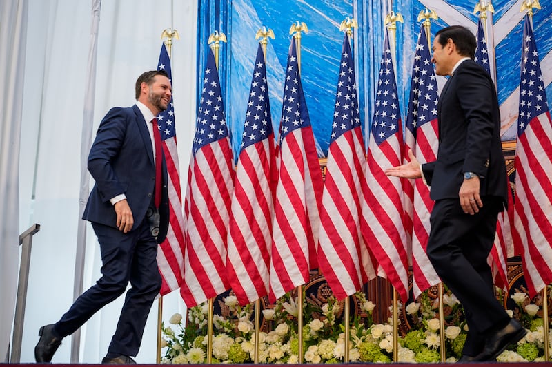 Vice President J.D. Vance (L) is introduced to the stage by Secretary of State Marco Rubio (R) during the Foundry School launch event at the U.S. Institute of Peace on September 3, 2026.