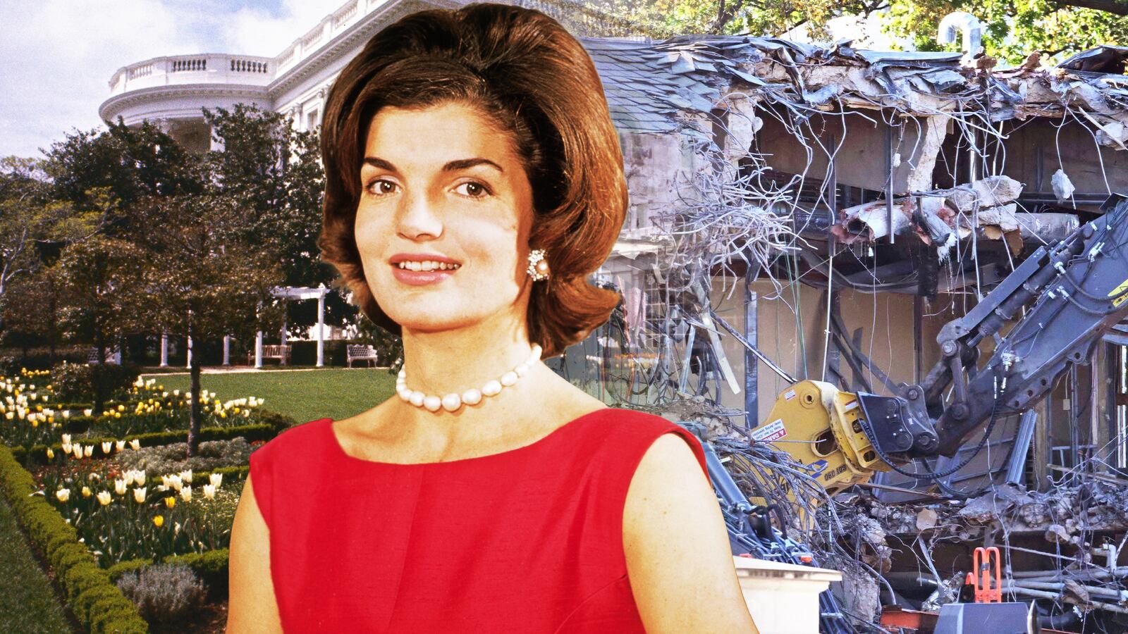 A photo illustration of Jacqueline Kennedy in front of the White House First Lady's Garden/Jacqueline Kennedy Garden on the left and Trump's demolition of the East Wing on the right in Oct. 2025.