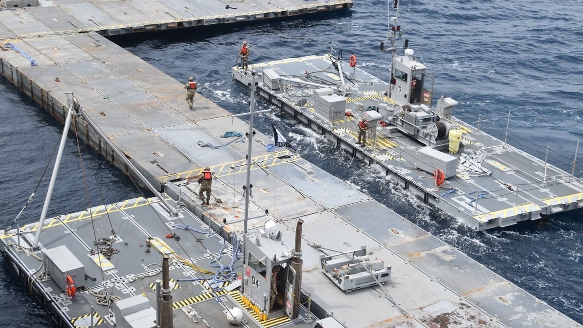 An aerial view of a construction area as construction of the temporary port, to be built to ensure the entry of humanitarian aid to Gaza, still continues in Gaza City, Gaza on April 29, 2024.