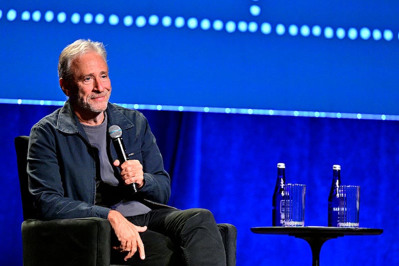 Jon Stewart talks with David Remnick during The 2025 New Yorker Festival at Webster Hall on October 26, 2025 in New York City.