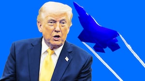 A photo composite of Donald Trump and an USAF F-35 fighter jet.