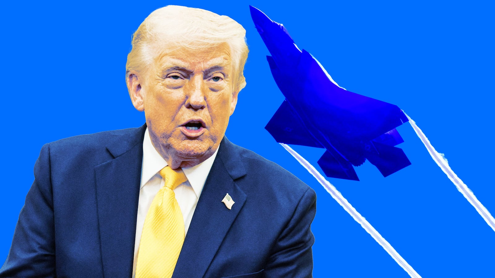 A photo composite of Donald Trump and an USAF F-35 fighter jet.