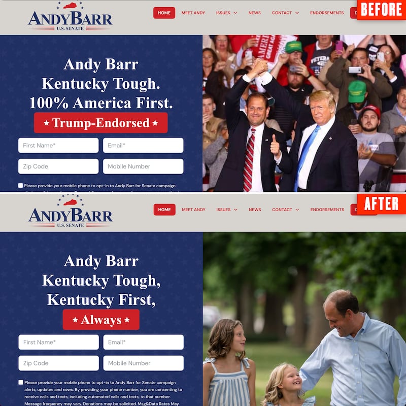 Rep. Andy Barr recently removed Trump's image from the top of his Senate campaign website.