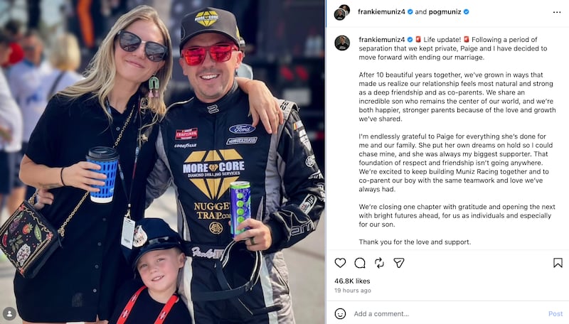 Frankie Muniz announced his split from his wife in an Instagram post.