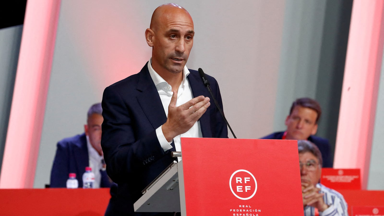 President of the Royal Spanish Football Federation Luis Rubiales announces he will be staying as president during the meeting RFEF at Las Rozas, Spain, Aug. 25, 2023.