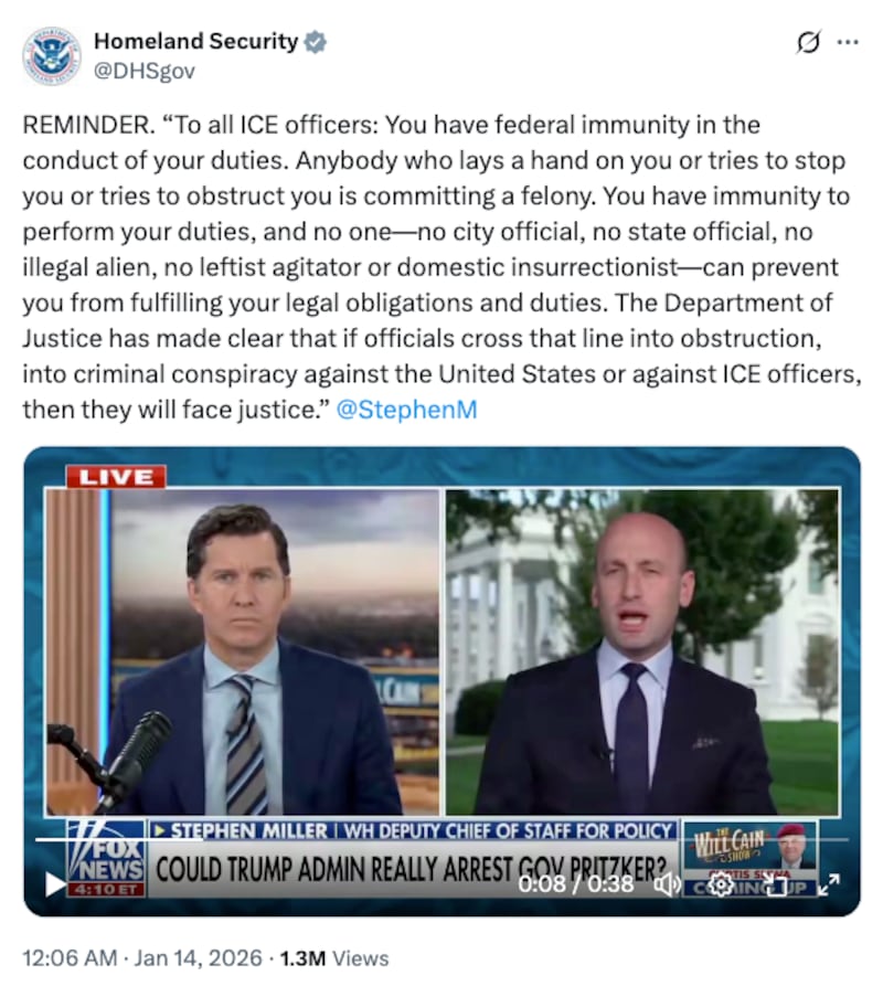 DHS shares Stephen Miller rant on X.