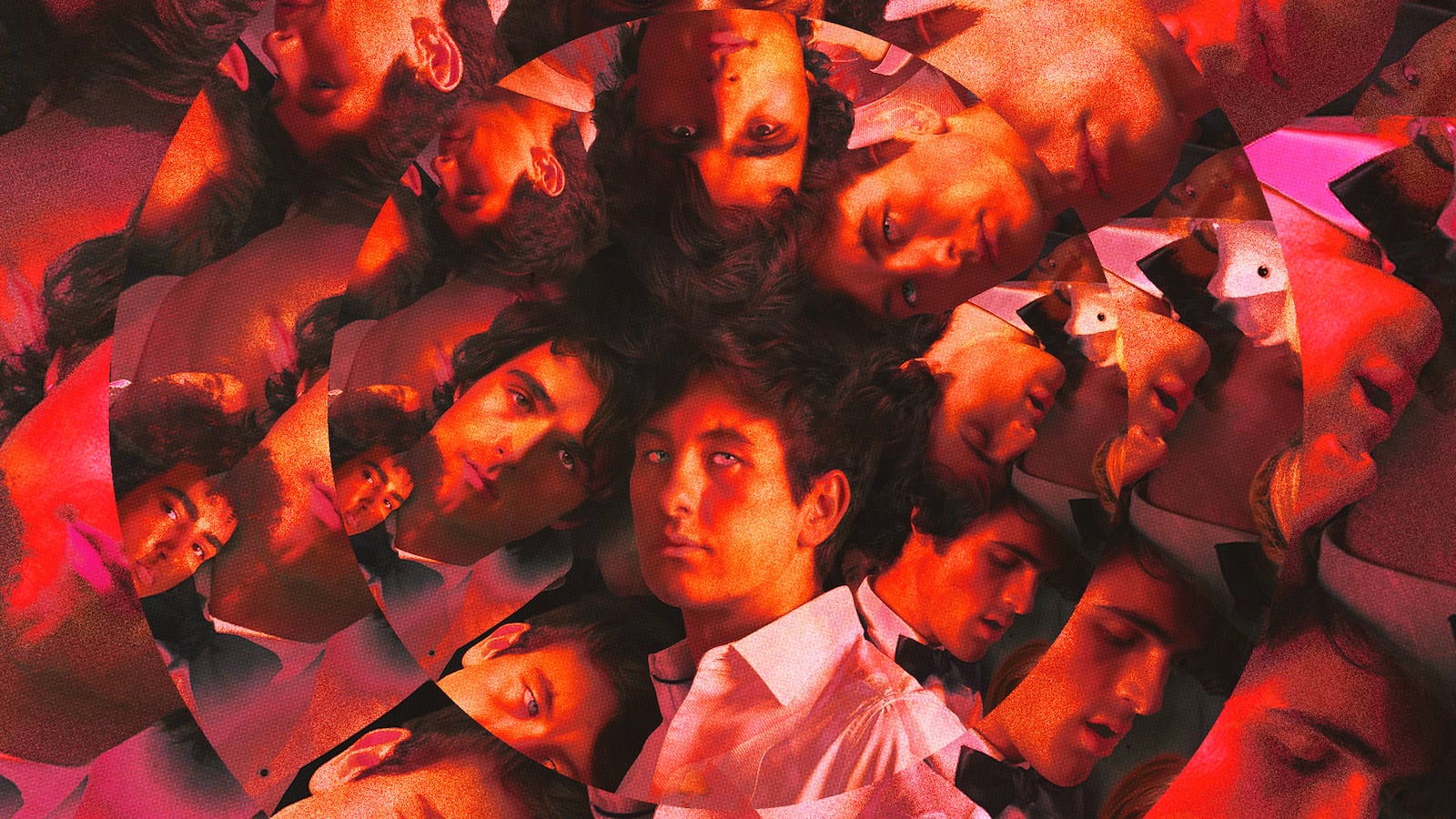 A photo illustration of of Barry Keoghan and Jacob Elordi and the Saltburn movie cast.