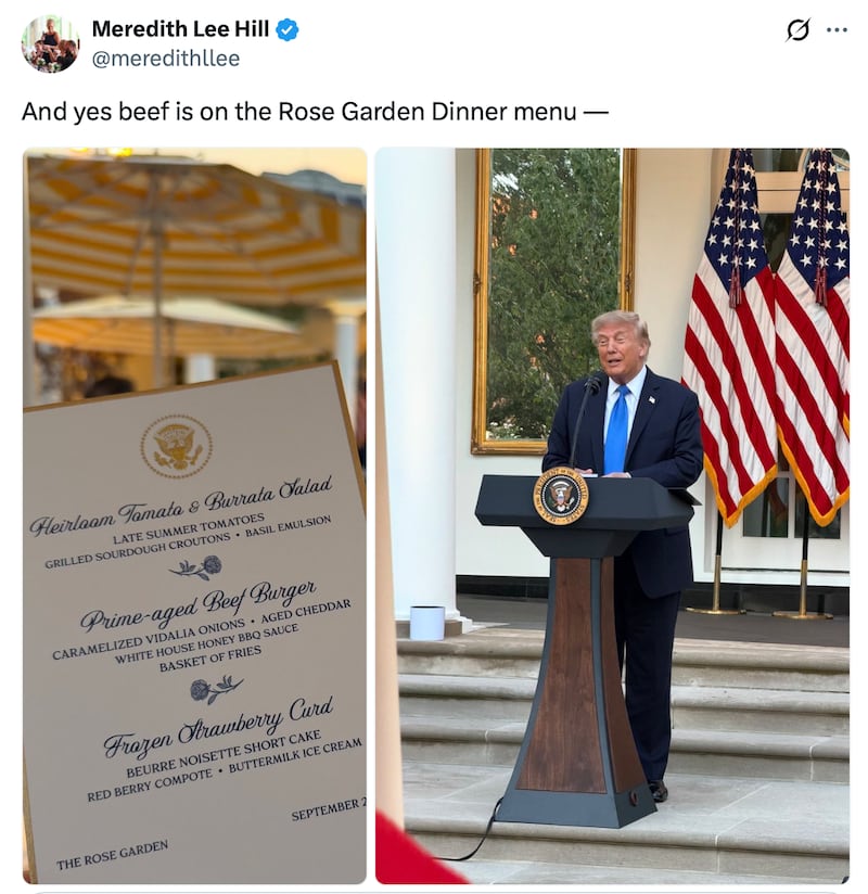 The menu from Trump's BBQ Rose Garden dinner features beef burgers.